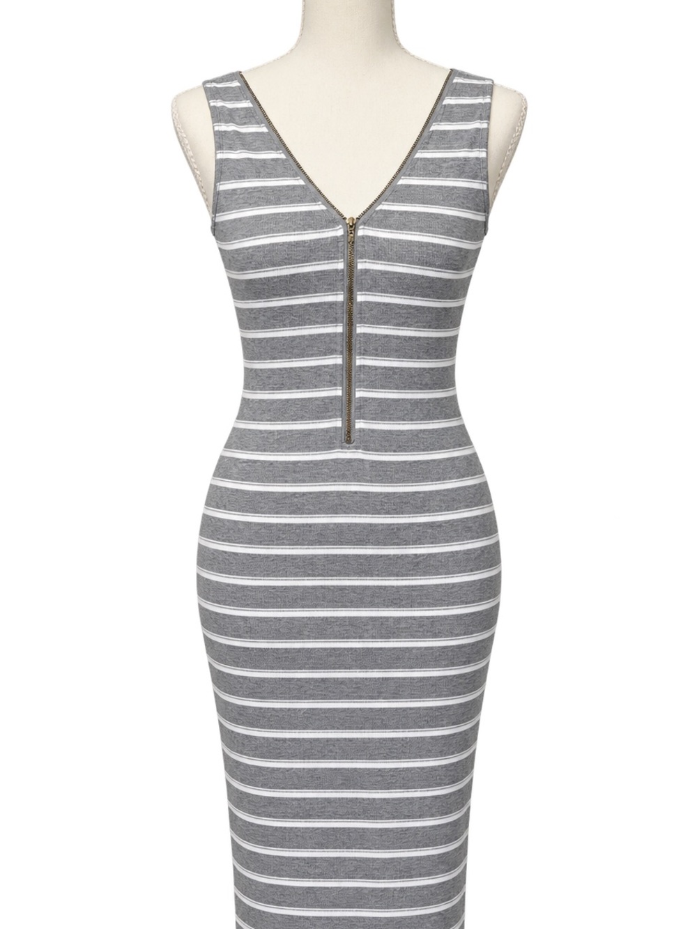 Papaya Gray & White Striped Midi Bodycon Dress with Front Zip